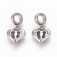 304 Stainless Steel Pendants, Large Hole Pendants, Heart with Footprint, Antique Silver, 22mm, Hole: 5.3mm, Pendant: 12.5x12.5x3mm(STAS-E452-21AS)