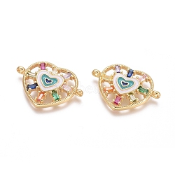 Brass Micro Pave Cubic Zirconia Links connectors, with Enamel, Heart, Colorful, Golden, 16.5x23.5x3.5mm, Hole: 1.2mm(ZIRC-G152-43G)