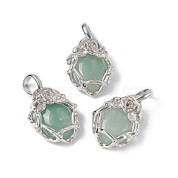 Natural Green Aventurine Pendants, Oval Charms, with Platinum Tone Brass Rose Findings, Cadmium Free & Nickel Free & Lead Free, 25~26x19~19.5x9~9.5mm, Hole: 7.5x5.5mm(G-P484-03P-03)