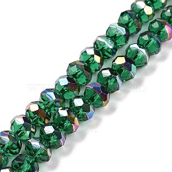 Transparent Electroplate Glass Beads Strands, Faceted, Rondelle, Half Rainbow Plated, Green, 7.5~8x6.5~7mm, Hole: 1.4mm, about 65pcs/strand, 16.77 inch(42.6cm)(GLAA-F122-04A)