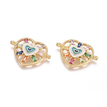 Brass Micro Pave Cubic Zirconia Links connectors, with Enamel, Heart, Colorful, Golden, 16.5x23.5x3.5mm, Hole: 1.2mm
