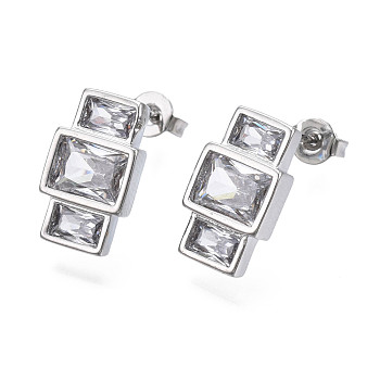 Cubic Zirconia Rectangle Dangle Stud Earrings, Real Platinum Plated Brass Jewelry for Women, Nickel Free, Clear, 14.5x8.5mm, Pin: 0.8mm