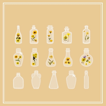 30Pcs 15 Styles PET Plastic Sticker, for Scrapbooking, Travel Diary Craft, Bottle with Flower, Gold, Pakcing: 142x84x3mm, 30pcs/set