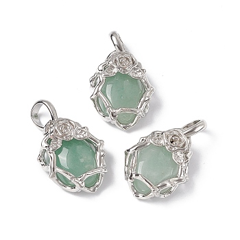 Natural Green Aventurine Pendants, Oval Charms, with Platinum Tone Brass Rose Findings, Cadmium Free & Nickel Free & Lead Free, 25~26x19~19.5x9~9.5mm, Hole: 7.5x5.5mm