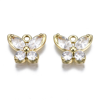 Brass Inlaid Clear Cubic Zirconia Charms, Butterfly, Golden, 9.5x11x3mm, Hole: 1.4mm