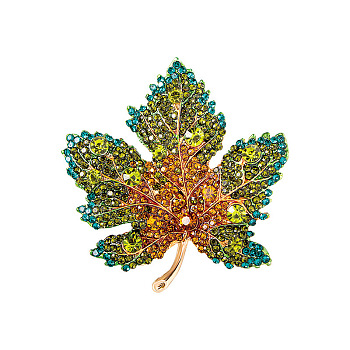 Autumn Maple Leaf Light Gold Alloy Rhinestone Brooch Pins, for Sweaters Coats, Smoked Topaz, 50x47mm