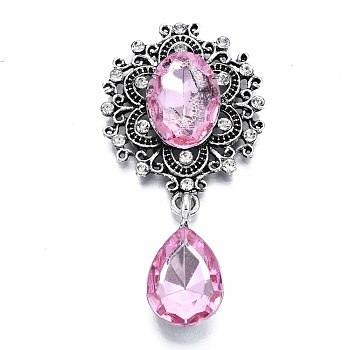Alloy Flat Back Cabochons, with Acrylic Rhinestones, Oval and Teardrop, Antique Silver, Faceted, Pink, 59x29x6mm