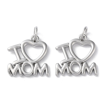 Mother's Day Rack Plating Brass Charms, with Jump Ring, Cadmium Free & Lead Free, Long-Lasting Plated, Word I Love Mom Charm, Platinum, 14.5x14.5x1.5mm, Hole: 3.2mm