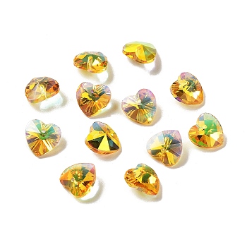 Electroplate Glass Charms, AB Color Plated, Faceted Heart, Gold, 10x10x5~5.5mm, Hole: 1~1.2mm