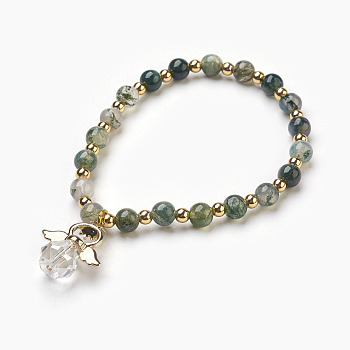 Natural Moss Agate Beads Stretch Charm Bracelets, with Brass and Alloy Findings, Angel, 2-1/8 inch(5.4cm), Charm: 21x19x10mm