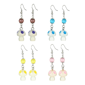 Resin Mushroom Dangle Earrings, Glass Beaded Long Drop Earrings with Brass Earring Pins, Mixed Color, 55x14mm