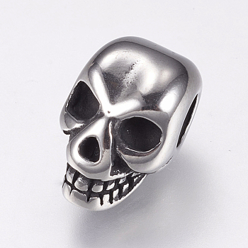 304 Stainless Steel European Beads, Large Hole Beads, Skull, Antique Silver, 12.5x8x8.5mm, Hole: 4mm