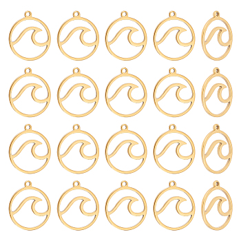 30Pcs 201 Stainless Steel Pendants, Laser Cut, Round Ring with Wave, Golden, 17x15x1mm, Hole: 1mm