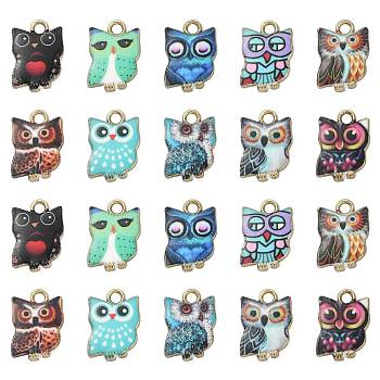 30Pcs 10 Styles Printed Alloy Pendants, Lead Free & Cadmium Free & Nickel Free, Owl Charm, Golden, Mixed Color, 15x10.5x2mm, Hole: 1.8mm, 3pcs/style