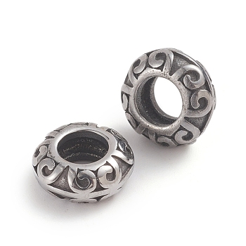 304 Stainless Steel Beads, Large Hole Beads, Rondelle, Antique Silver, 11.2x4.8mm, Hole: 5.5mm