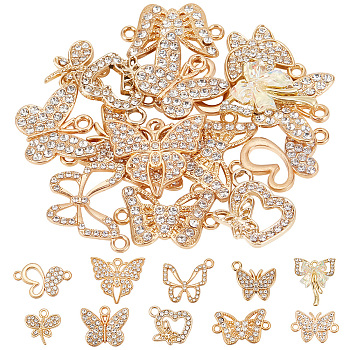 Elite DIY Jewelry Making Finding Kit, Including 30Pcs 10 Styles Alloy Pendants & Links Connectors, with Crystal Rhinestone, Butterfly & Heart & Bowknot, Golden, 13~19x14~23x2~3mm, Hole: 1.2~2.6mm, 3Pcs/style
