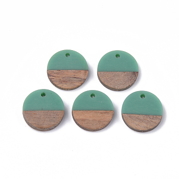 Resin & Walnut Wood Pendants, Flat Round, Light Sea Green, 18x3.5mm, Hole: 1.5mm