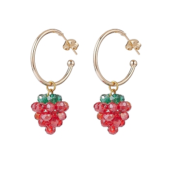 Glass Braided Beaded Strawberry Dangle Stud Earrings, Gold Plated Brass Half Hoop Earrings for Women, Golden, 42mm, Pin: 0.6mm