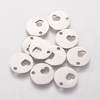 201 Stainless Steel Charms, Flat Round with Heart, Stainless Steel Color, 11.8x1mm, Hole: 1.5mm