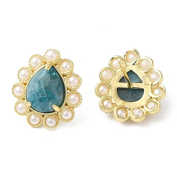 Natural Apatite Teardrop Stud Earrings with Plastic Pearl Beaded, Real 14K Gold Plated Brass Jewelry, 17.5x16mm