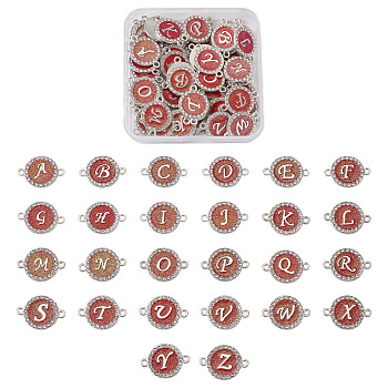Alloy Enamel Links Connectors, with Crystal Rhinestones, Flat Round with Letter, Red, 22x16x2mm, Hole: 1.8mm, 52pcs/box