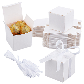 Square Folding Cardboard Paper Candy Gift Box, Food Packaging Box, with Silk Ribbon, White, Finished Product: 5x5x5cm