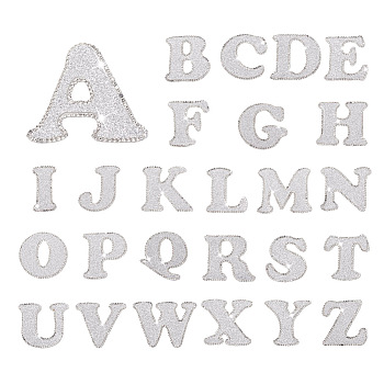 26 Letters Cloth Iron/Sew on Patches, with Crystal Rhinestone & Glitter Powder, Costume Accessories, Alphabet, Silver, 46~50x25~65x1.5mm, 26pcs/set