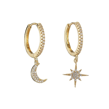 Clear Cubic Zirconia Star & Moon Asymmetrical Earrings, Brass Dangle Hoop Earrings for Women, Golden, 29~33x17.5x2mm