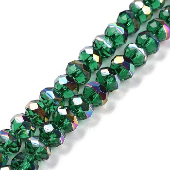 Transparent Electroplate Glass Beads Strands, Faceted, Rondelle, Half Rainbow Plated, Green, 7.5~8x6.5~7mm, Hole: 1.4mm, about 65pcs/strand, 16.77 inch(42.6cm)