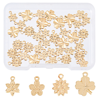 SUPERFINDINGS 40Pcs 4 Style Rack Plating Brass Charms, Long-Lasting Plated, Flower & Clover, Golden, 9~11x6.5~9x1mm, Hole: 0.8~1.2mm, 10pcs/style