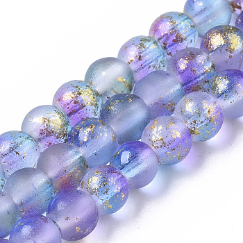 Frosted Spray Painted Glass Beads Strands, with Golden Foil, Round, Medium Slate Blue, 4~5mm, Hole: 0.9~1.2mm, about 95~103pcs/Strand, 13.78 inch~14.88 inch(35~37.8cm)