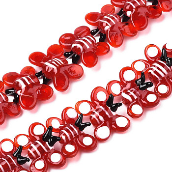 Handmade Lampwork Beads Strands, Butterfly, Red, 17~20x23.5~26.5x7.5~8.5mm, Hole: 1mm, about 35pcs/strand.