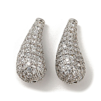 Brass Micro Pave Cubic Zirconia Beads, Teardrop, Real Platinum Plated, 18.5x8x7mm, Hole: 0.8mm