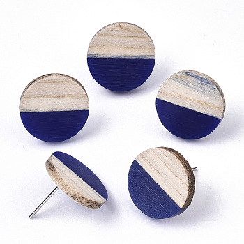Resin & Wood Stud Earrings, with 304 Stainless Steel Pin, Flat Round, Dark Blue, 15mm, Pin: 0.7mm