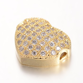Heart Brass Micro Pave Cubic Zirconia Beads, Lead Free & Nickel Free, Golden, 10x11.5x4mm, Hole: 1.5mm