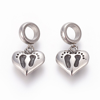304 Stainless Steel Pendants, Large Hole Pendants, Heart with Footprint, Antique Silver, 22mm, Hole: 5.3mm, Pendant: 12.5x12.5x3mm