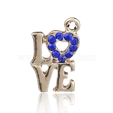 Nickel Free & Lead Free Light Gold Plated Word LOVE Alloy Rhinestone Pendants for Valentine's Day, Long-Lasting Plated, Sapphire, 20x13x2mm, Hole: 1mm(ALRI-J167-05G-FF)