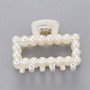 Plastic Claw Hair Clips, with ABS Plastic Imitation Pearl Beads and Iron Findings, Rectangle, White, 28.5x39.5x26mm(PHAR-G002-03)