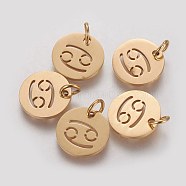 304 Stainless Steel Charms, Flat Round with Constellation/Zodiac Sign, Golden, Cancer, 12x1mm, Hole: 3mm(STAS-Q201-T445-4G)