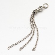 Brass Tassel Pendant Decorations, Cross Chains, with Tibetan Style Round Beads and Caps, Antique Silver & Platinum, 85x6mm, Hole: 5mm(X-KK-F0319-01)