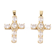 Brass Micro Pave Clear Cubic Zirconia Pendants, Long-Lasting Plated, Cross, Real 18K Gold Plated, 35x23x6mm, Hole: 4.5x3.5mm(ZIRC-M116-02G)