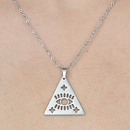 201 Stainless Steel Hollow Triangle with Eye Pendant Necklace, Stainless Steel Color, 17.72 inch(45cm)(NJEW-OY001-91)