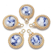 Porcelain Pendants, with Light Gold Plated Brass Findings and Crystal Rhinestone, Half Round, Royal Blue, 23x17x5mm, Hole: 1.8mm(KK-N235-039A)