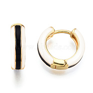 Brass Huggie Hoop Earrings, with Two Tone Enamel, Real 18K Gold Plated, Black, 15x16.5x5mm, Pin: 1x1mm(EJEW-S209-07A)