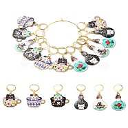 Cat Alloy Enamel Pendant Locking Stitch Markers, with 304 Stainless Steel Leverback Earring Findings, Mixed Color, 4~4.4cm, 12pcs/set(HJEW-YW00021)