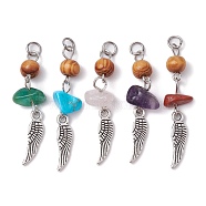 Gemstone Chip Pendants, Antique Silver Plated Alloy Wing Charms with Natural Wood Beads, Mixed Dyed and Undyed, 38~39x7.5~11x6.5~7mm, Hole: 3.4mm(PALLOY-JF02297)