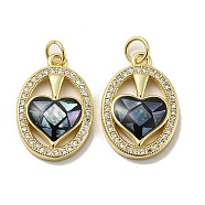 Brass Micro Pave Cubic Zirconia Pendants, with Enamel Shell, Oval with Heart, Black, 21x14x4mm(KK-H457-01G-02)