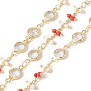 Handmade Eco-friendly Brass Flat Round Link Chains, with Glass & Seed Beaded, Real 18K Gold Plated, Lead Free & Cadmium Free, Soldered, with Spool, Red, 13x6.5x3mm, 6x7x2mm(CHC-E025-03G)