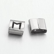 Tarnish Resistant Letter Style 201 Stainless Steel Square Slide Charms, Letter.M, 9x8x4mm, Hole: 8x3mm(STAS-L132-22)