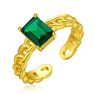 Golden Brass Micro Pave Cubic Zirconia Open Cuff Rings, Rectangle, Green, Wide: 4mm(EP4174-2)